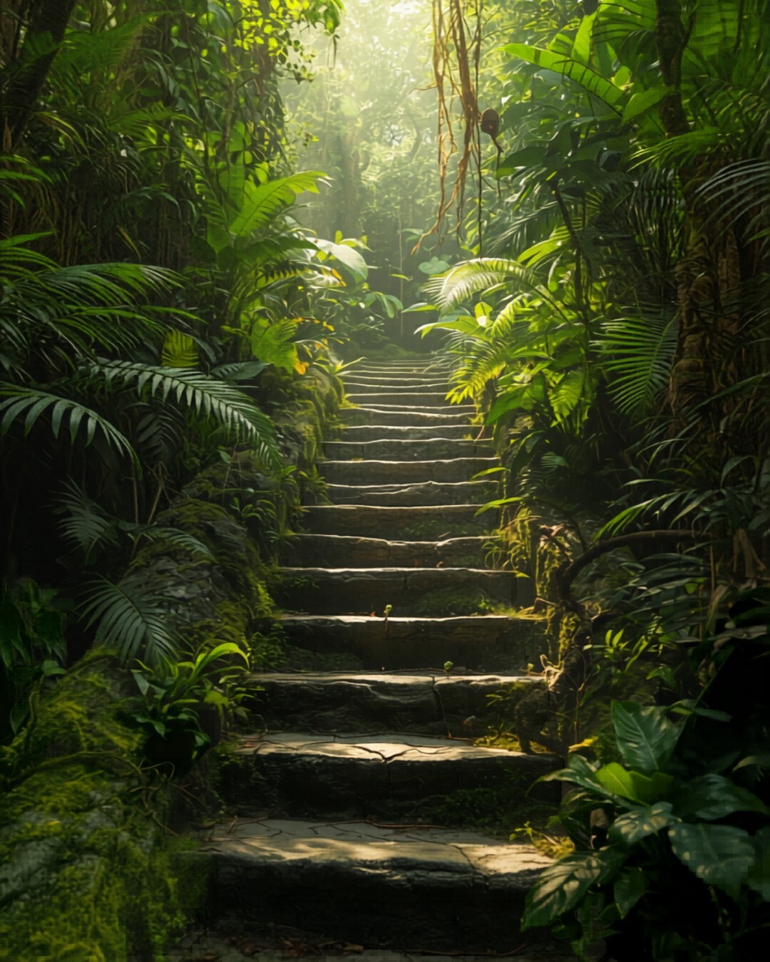Stairs leading through a tropical forest